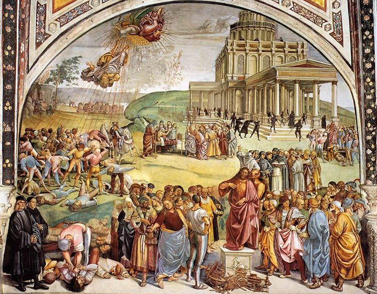L’Apparition de l’Antéchrist, fresque de Signorelli dans la chapelle Saint-Brice d’Orvieto Italie