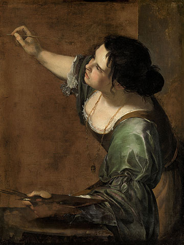 Artemisia Gentileschi, Self-Portrait as the Allegory of Painting (La Pittura), c.1638-1639 : autoportrait d'Artemisia Gentilieschi portant une robe verte et tenant un pinceau, personnifiant la peinture. 