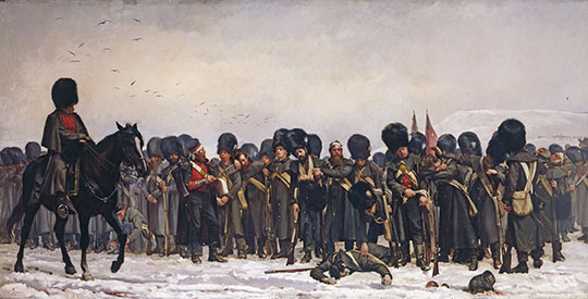 Elizabeth Butler, The Roll Call, 1874 :
durant la guerre de Crimée de 1854-1856, un bataillon de soldats britanniques des Grenadiers Guards répondent à l'appel après une bataille. 