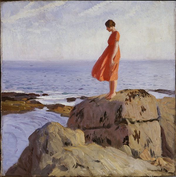 Laura Knight, A Dark Pool, huile sur toile 1917 : une jeune femme en robe orange au bord d'une falaise, face à la mer. Tableau exposé lors de l'exposition Femmes artistes à la Tate Britain